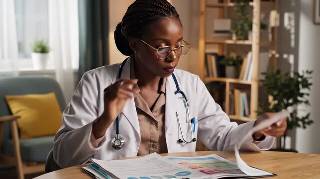 Doctor reviewing patient data at home office. Healthcare professional analyzes medical records and plans treatments. Professional atmosphere encourages productive work.