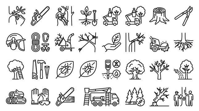 Arborist and Tree Service Line Icon Set for Forestry and Landscaping Maintenance
