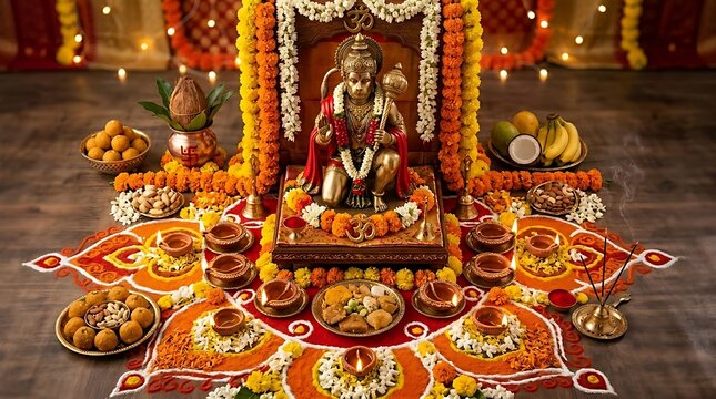 Hanuman Jayanti Festival Altar with Golden Statue and Rangoli