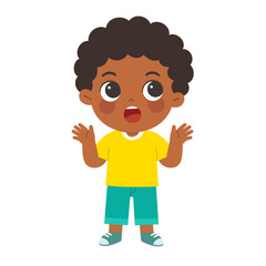 Fototapeta premium Surprised and shocked little boy cartoon character with open mouth and raised hands isolated on white background.