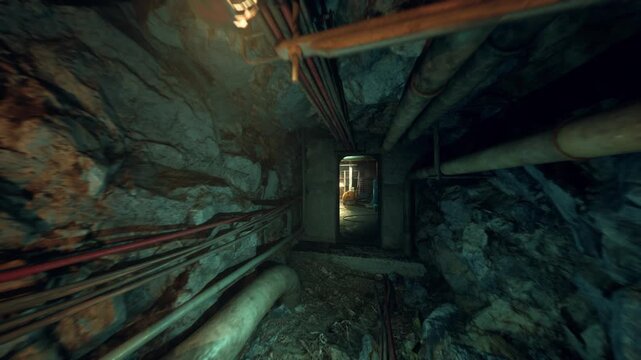 narrow industrial tunnel lined with pipes, corroded fittings and damp rock walls, dripping water and muddy floor, dim emergency light casting long shadows,