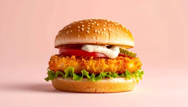 A close-up shot of a gourmet sandwich on a sesame seed bun, featuring fried protein, lettuce, tomato, pickles, and sauce. The backdrop is a solid pink