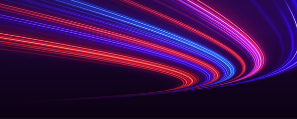 Neon multicolor speed trail with flowing light lines, glowing highlights and fast motion vector © longstock