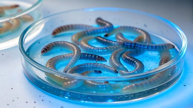 Larvae in a petri dish with blue light in a science laboratory worms insects