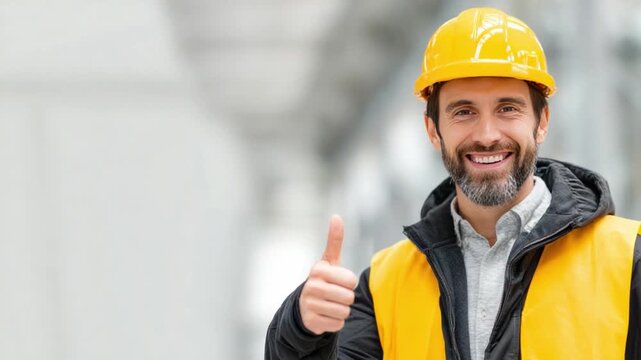 Construction Worker's Affirmation: A construction worker, wearing a protective helmet and vest, offers a thumbs-up gesture, symbolizing approval and success on the job site.