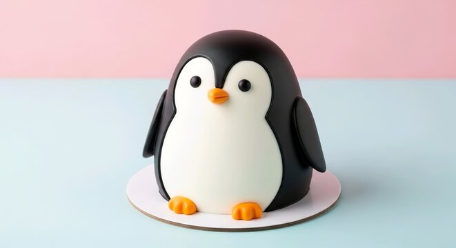 Cute Penguin Character Cake on Pastel Background