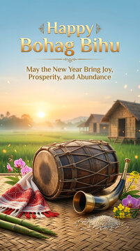 Bohag bihu celebration with traditional drums and flowers in rural assam village at sunset
