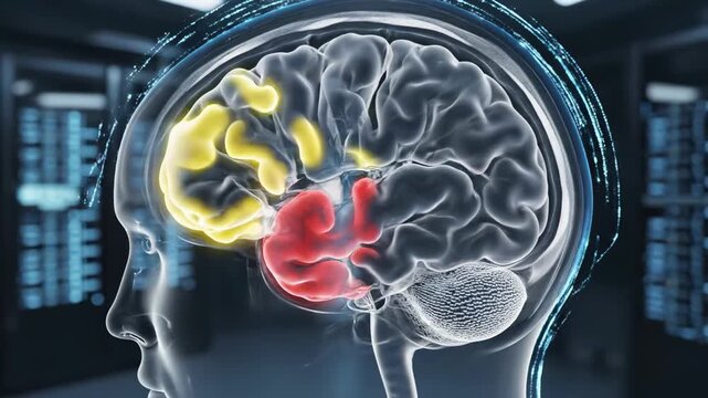 Human brain scan visualization with active regions highlighting neurological activity and neural network communication