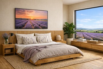 Fototapeta premium Contemporary Spring Bedroom with Lavender Fields View and Natural Wood Design 