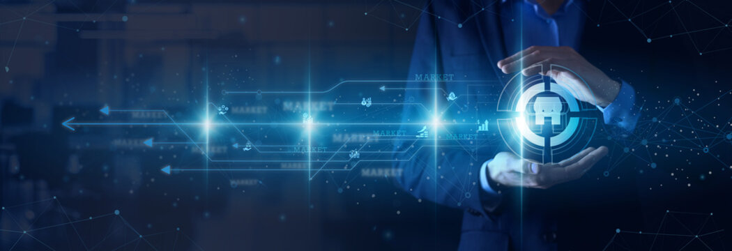 Market Researcher hands holding survey data Market intelligence segmentation consumer behavior trends network connections competitive analysis product development positioning.