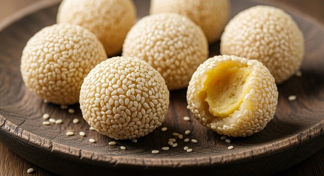 Sesame Balls (Onde Onde) with Sweet Filling on Wooden Plate Close Up