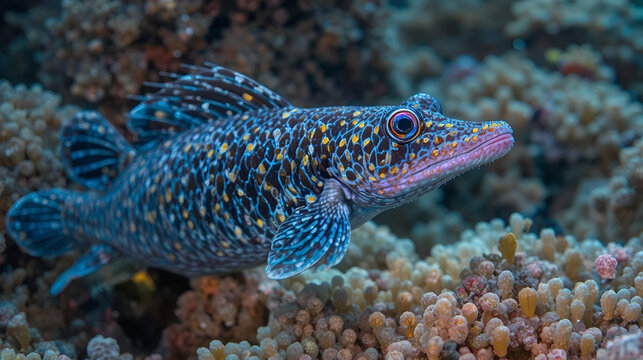 Close-up of a Messmate pipefish (Corythoichthys intestinalis) swimming over coral reefs in Bawean Island, Indonesia.
