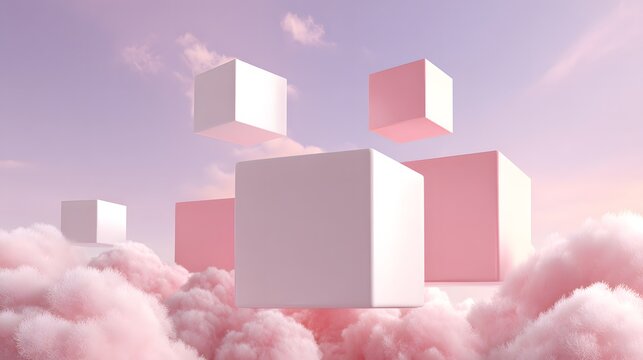 Surreal Dreamscape of Floating Cubes Amidst Pink Clouds.