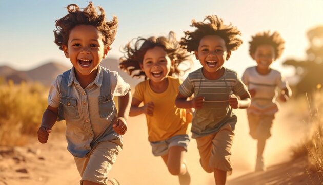 un gruppo di bambini usciti da scuola che corrono felici su una strada sterrata in una giornata di sole