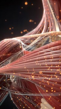 Detailed 3D illustration of human muscle fibers with glowing particles representing biological activity.