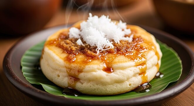 Traditional Indonesian Serabi with Palm Sugar and Grated Coconut