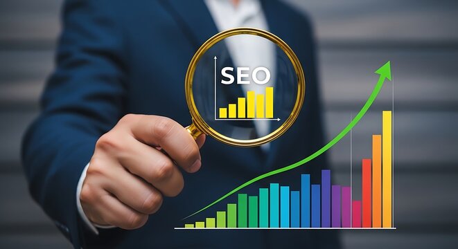 Magnifying glass over SEO graph showing upward trend