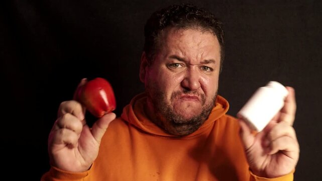 A funny fat man overeats tasty and unhealthy food.