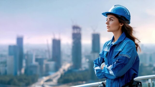 Cityscape Vision: A determined construction worker stands against a blurred skyline, her gaze fixed on the urban panorama. Embodying empowerment and ambition in an architectural setting. 