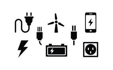 Electricity and energy icons including plugs battery wind turbine and smartphone with lightning bolts on white background for power and technology concepts © Antu
