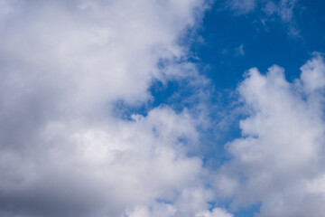 Obraz premium a vibrant blue sky filled with a mix of soft, white cumulus clouds and darker, shadowed grey clouds, capturing a dynamic weather pattern