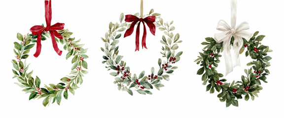 Collection of hand painted watercolor christmas wreaths featuring green leaves, red berries, and decorative bows, creating a festive winter holiday accent © Narin