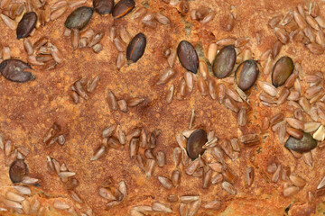 A detailed macro shot showing a golden brown whole grain bread crust generously topped with sunflower and pumpkin seeds