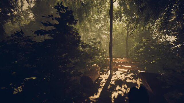 late afternoon jungle path with warm golden light and dense foliage, heavy humidity and long tree shadows creating secluded mood for exploration