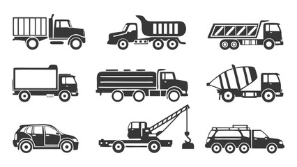 Vector Icon Set Heavy Duty Transport Trucks Construction Vehicles for Logistics Web Design UI App Development