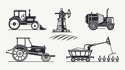 Vintage Farm Equipment Icons Set Tractor Windmill Plowing Field Graphics for Agriculture History Design Projects