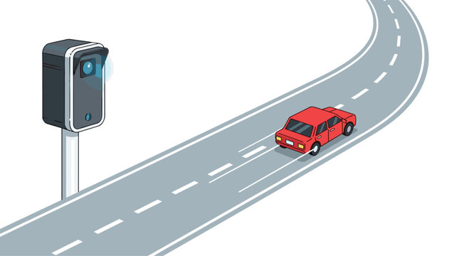 A red sedan drives along a curved road with dashed lines past a speed camera mounted on a pole.