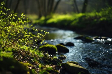 Fototapeta premium Quiet Forest Stream Beneath Sunlight. Peaceful Natural Setting With Flowing Water And Lush Greenery