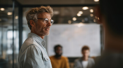 Fototapeta premium Startup pivot meeting in minimalist studio space, old business model diagrams torn and scattered, new direction sketched on glass wall, perfect for strategic shift, adaptation, and contemporary