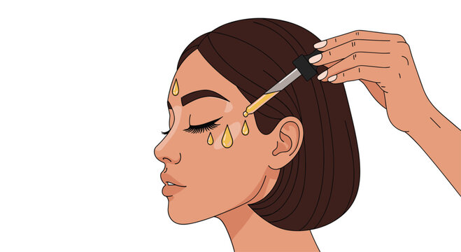 A woman with dark brown bob-cut hair in profile applies golden serum droplets to her temple and cheek with a dropper.