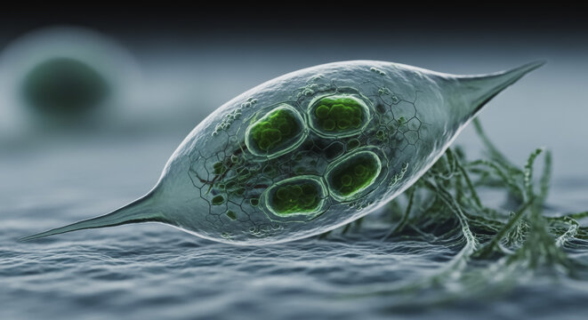 Detailed 3D Illustration of a Microscopic Phytoplankton Organism with Green Cellular Structures and Glassy Exterior