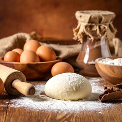 Fototapeta premium Close-up of ingredients on a wooden surface, including eggs, a rolling pin, dough, flour, spices, and a container