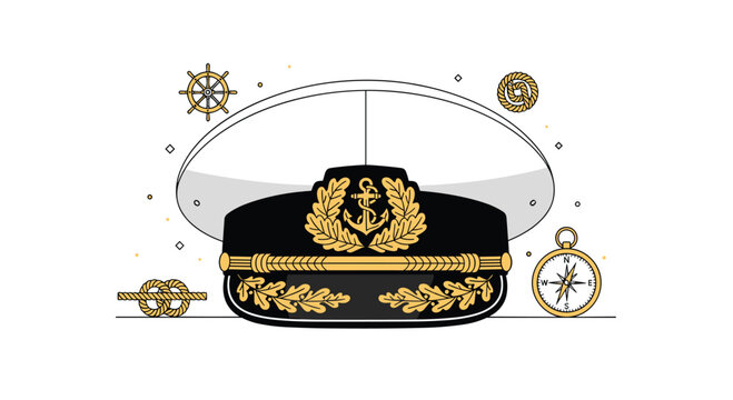 A black captain's hat with gold embroidery is surrounded by nautical elements on a white background.