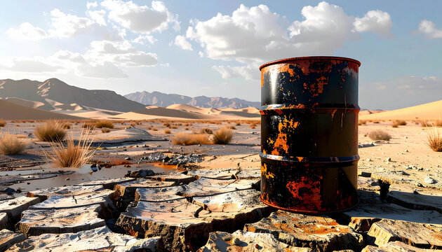 Barril viejo de petr&oacute;leo en paisaje des&eacute;rtico, concepto de crisis ambiental, cambio clim&aacute;tico, sequ&iacute;a extrema, vertido contaminante, y degradaci&oacute;n ecol&oacute;gica por combustibles f&oacute;sil