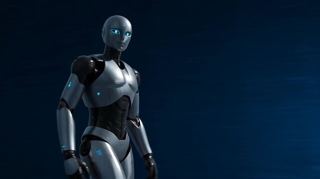 Futuristic robot humanoid android artificial intelligence cyber technology blue neon design, glowing digital brain neural network data connection innovation, virtual mind machine learning future tech