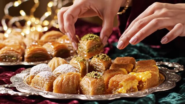 Hand reaching for delicious traditional Middle Eastern sweets on ornate platters