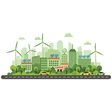 Sustainable green city concept with wind turbines, solar panels and electric cars in flat vector illustration