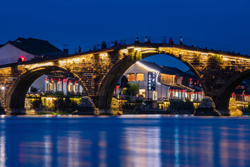Fototapeta premium Guangji Bridge at Night, Tangqi Town - Ancient Stone Architecture