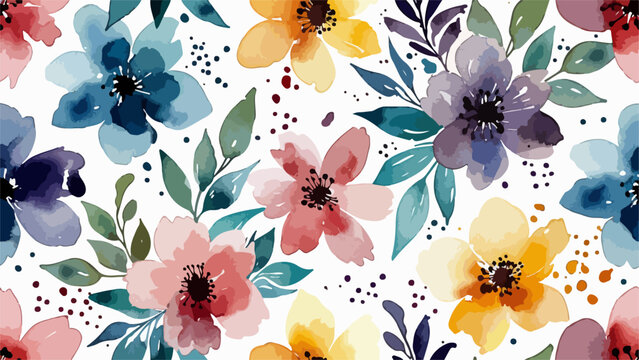 Charming floral motif with colorful blossoms and leaves forming a lively artistic repeating background design