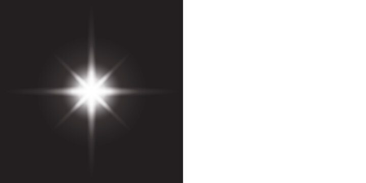 Glowing white star shape isolated on black and transparent background, starburst, soft light halos, lens flare, blurred gradient