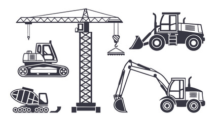 Construction Equipment Set Tower Crane Excavator Loader Cement Mixer Icons for Industry Development Projects and Heavy Machinery Design