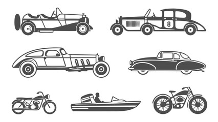 Vintage Automobile Collection Set Classic Cars Motorcycles Speedboat Vector Icons for Retro Transportation Design Projects