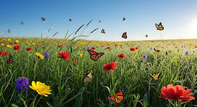 Colorful butterflies flying over flowers field.