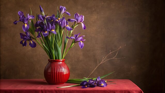 Vibrant purple irises in a red ribbed vase on a red tablecloth flowers floral