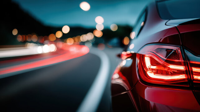 Close rear view of red car taillight on curving road with light trails and bokeh for automotive background and evening banner design