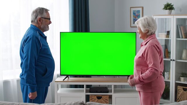 Elderly Couple Standing Opposite TV with Green Screen in Living Room